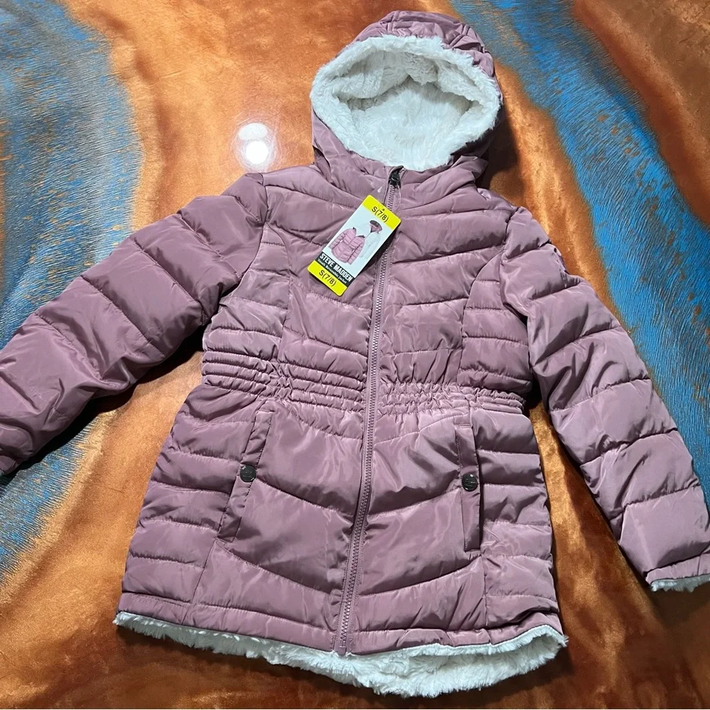 NWT Steve Madden Reversible Hooded Parka Fleece White Rose Pink small 7/8